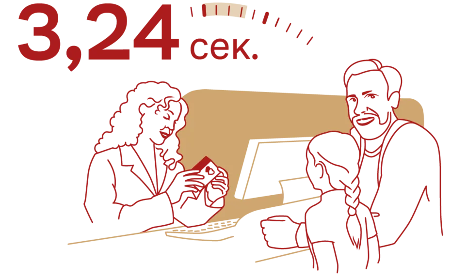 Изображение иллюстрирует сцену обслуживания в пункте выдачи. Женщина в деловом костюме общается с двумя людьми: взрослым и ребенком. В верхней части указано время — 3,24 секунды.